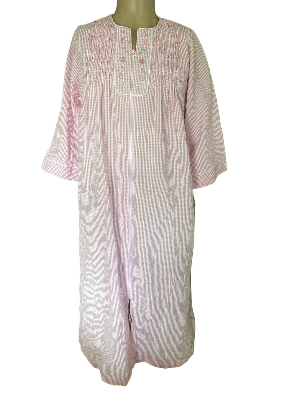 Miss Elaine Pink Seersucker gown with Embroidered Yoke